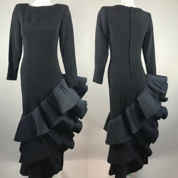 Victor Costa Dresses & Skirts - Vintage Victor Costa 1980's Black Party Dress Gown Asymmetrical Ruffles Sz 16